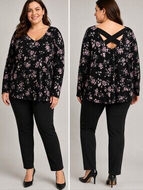 Love & Legend  Black Floral Cross-Back Blouse - Plus Size 3X